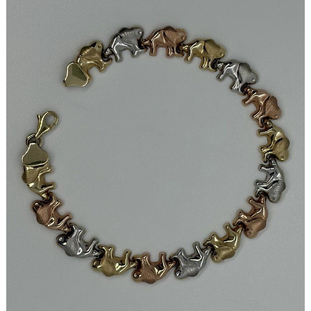 10k Tri-Color Solid Gold Lucky Elephant Link Bracelet 7” 4.2gm Turkey Vintage